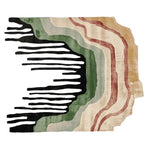 Top view of the Structure in Collapse Hand Tufted Area Rug featuring an abstract design with wavy layers in black, green, beige, and red. This contemporary wool rug is perfect for adding a modern touch to living room area rugs.