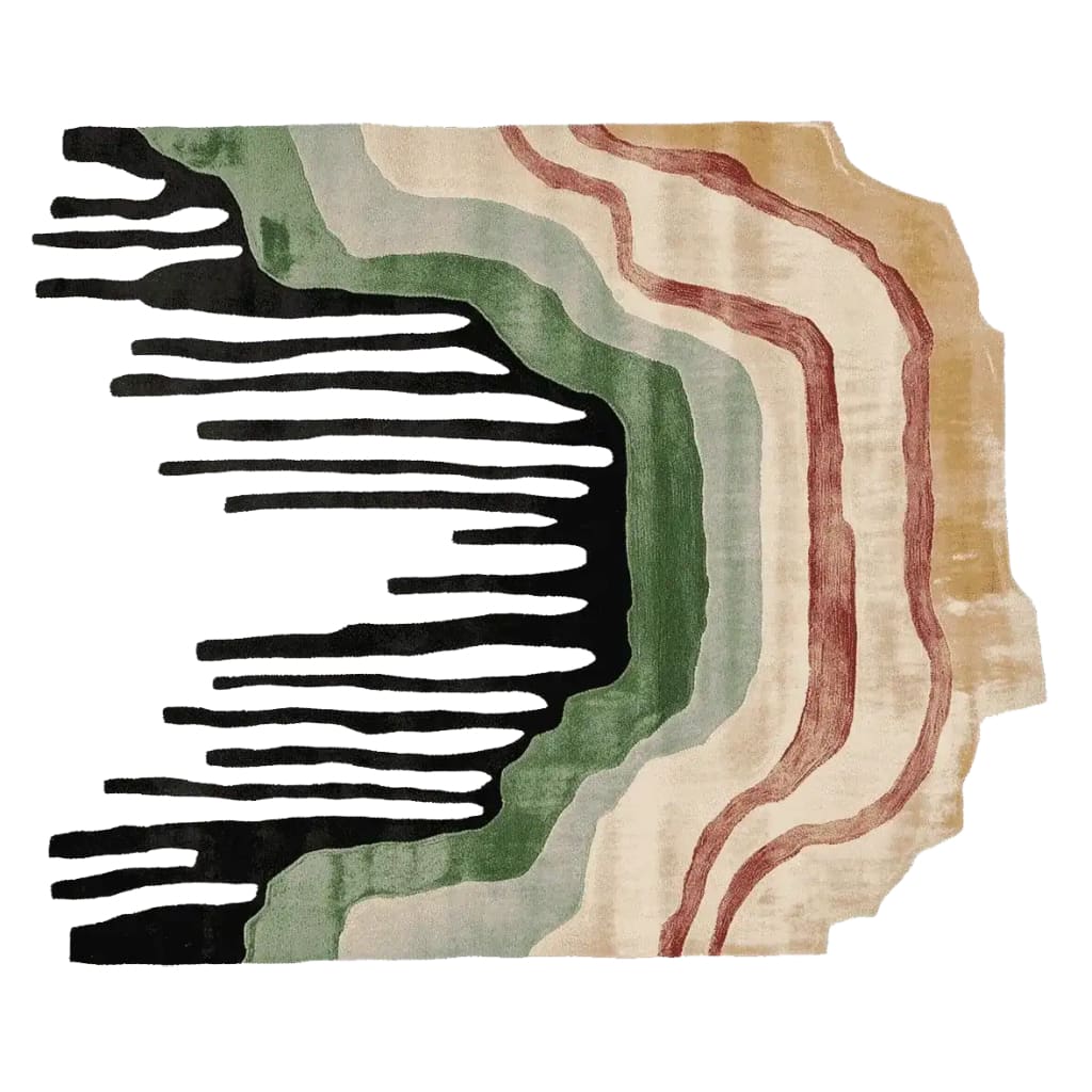 Top view of the Structure in Collapse Hand Tufted Area Rug featuring an abstract design with wavy layers in black, green, beige, and red. This contemporary wool rug is perfect for adding a modern touch to living room area rugs.