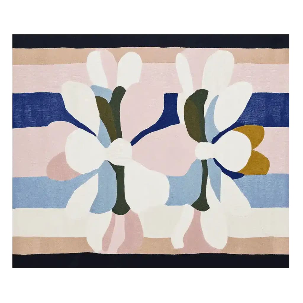 This vibrant area rug features an abstract design with bold floral patterns in shades of blue, pink, and beige. Perfect for adding a contemporary touch to your living room, this wool rug offers both style and comfort, making it an ideal choice for those seeking area rugs for living room spaces.