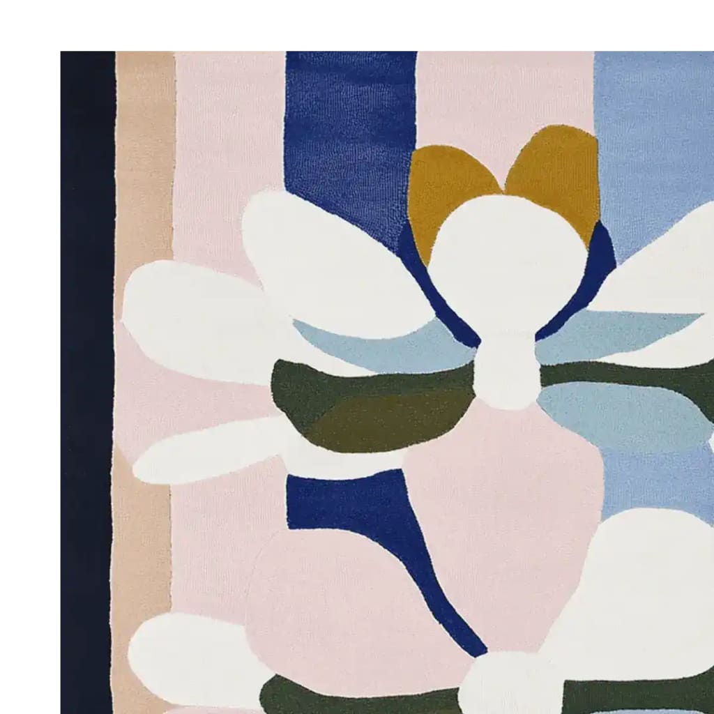 A vibrant, contemporary area rug with an abstract floral design in soft pastel shades of pink, blue, and green, perfect for adding a modern touch to your living room decor. This hand-tufted wool rug is ideal for those seeking stylish area rugs for the living room.