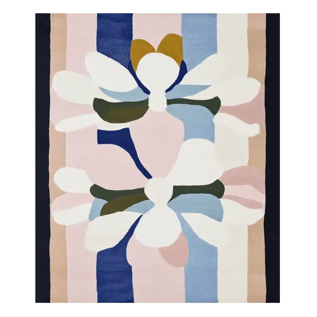 A stunning area rug featuring a contemporary design with abstract floral patterns in soft hues of pink, blue, and green, perfect for adding a modern touch to your living room. This hand-tufted wool rug brings elegance and style, making it an ideal choice for those seeking quality rugs for living room spaces.