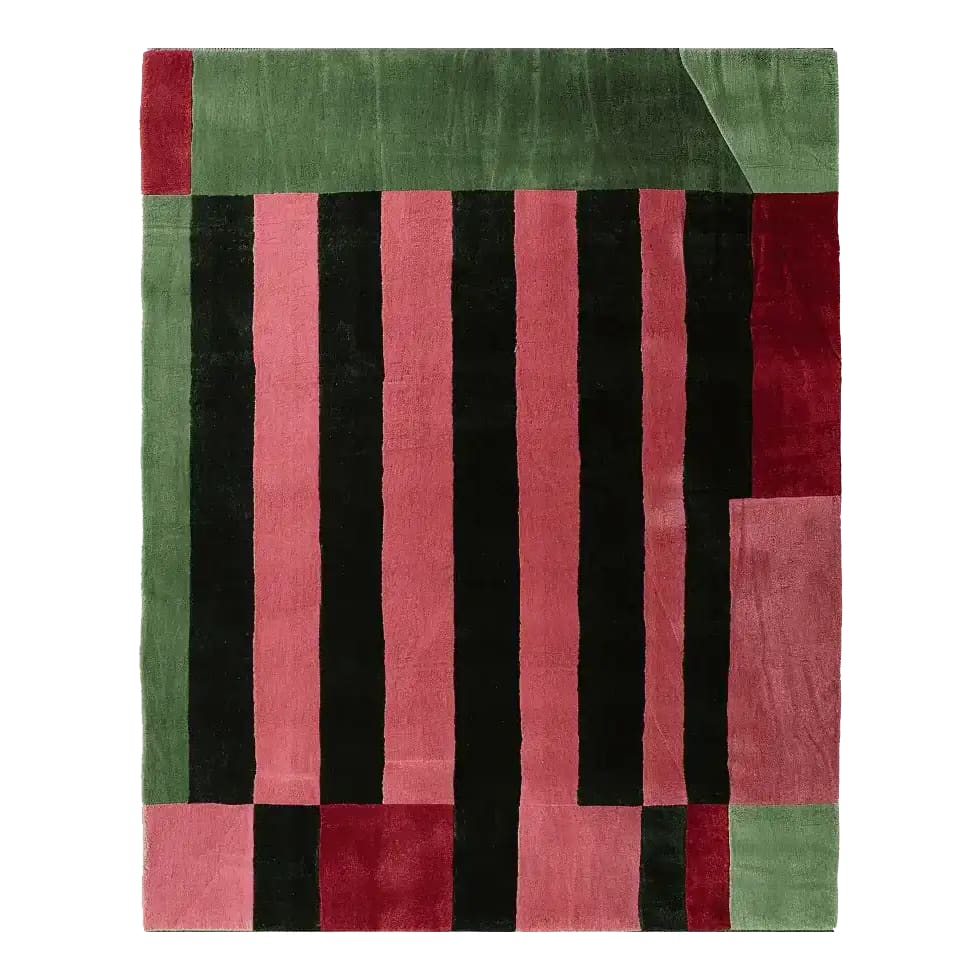 Structured Red Rhythm Hand Tufted Rug featuring bold, vertical black and red stripes against a green backdrop. This contemporary area rug is ideal for adding a splash of color and modern style to your living room. Made from premium wool, it's perfect for those seeking stylish area rugs for living room settings.