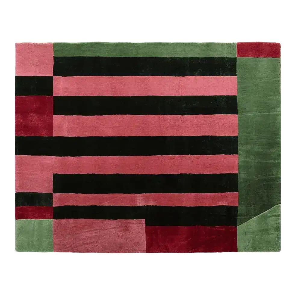 Top view of a Structured Red Rhythm Hand Tufted Rug, showcasing an abstract design with bold red, green, and black stripes. This contemporary wool area rug is perfect for enhancing any living room with a modern touch.