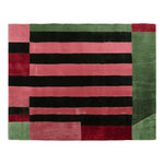 Top view of a Structured Red Rhythm Hand Tufted Rug, showcasing an abstract design with bold red, green, and black stripes. This contemporary wool area rug is perfect for enhancing any living room with a modern touch.
