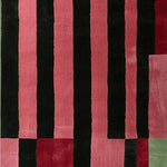 Top view of a Structured Red Rhythm Hand Tufted Area Rug featuring bold black and red stripes, perfect for contemporary rugs in living rooms. This wool rug adds a vibrant touch to your area rugs collection.