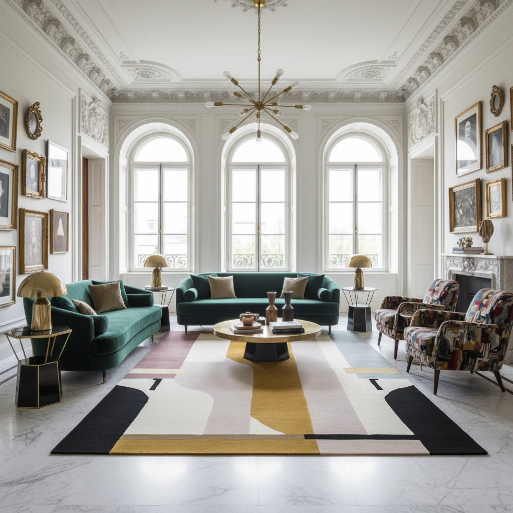 Luxurious living room with green sofas, patterned rug, and decorative elements.