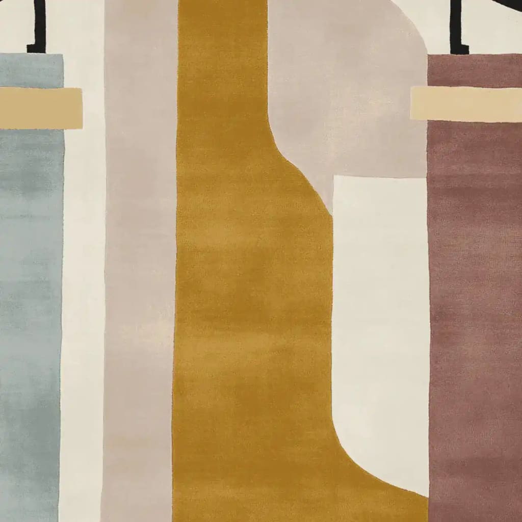A contemporary area rug featuring a modern abstract design with bold blocks of mustard yellow, soft blue, cream, and muted mauve. Perfect for adding a stylish touch to living rooms, this wool rug measures 8x10, making it an ideal choice for those seeking stylish rugs for living room spaces.
