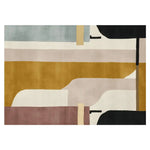 Top view of a contemporary hand-tufted area rug featuring an abstract design with bold blocks of color, perfect for modern living rooms. This wool rug, sized 8x10, showcases a blend of earthy tones, ideal for those seeking stylish and cozy rugs for their living space.