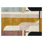 Top view of a contemporary hand-tufted area rug featuring an abstract design with bold blocks of color, perfect for modern living rooms. This wool rug, sized 8x10, showcases a blend of earthy tones, ideal for those seeking stylish and cozy rugs for their living space.