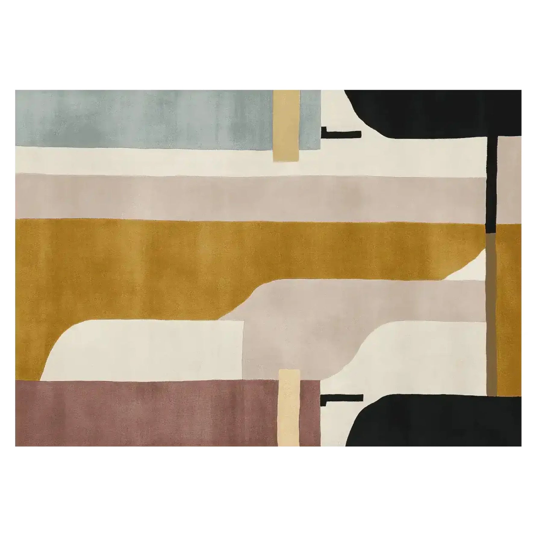 Top view of a contemporary hand-tufted area rug featuring an abstract design with bold blocks of color, perfect for modern living rooms. This wool rug, sized 8x10, showcases a blend of earthy tones, ideal for those seeking stylish and cozy rugs for their living space.