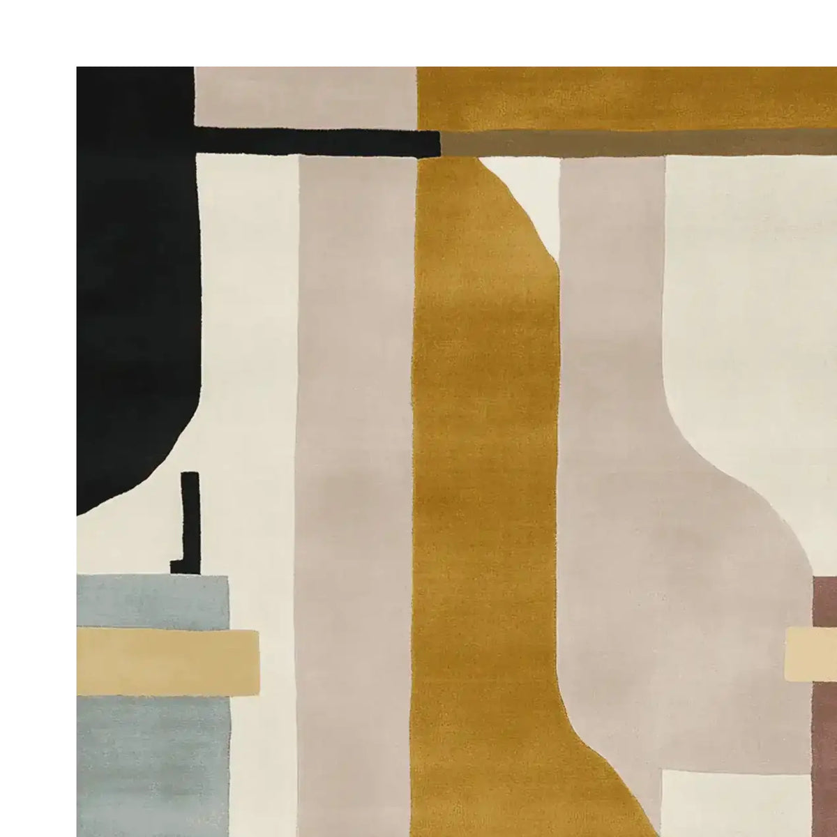 Contemporary area rug with an abstract design featuring bold geometric shapes in black, white, gold, and beige. Perfect for adding a modern touch to living room spaces, this wool rug measures 8x10, making it an ideal choice for those seeking stylish rugs for living room areas.