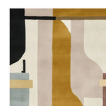Contemporary area rug with an abstract design featuring bold geometric shapes in black, white, gold, and beige. Perfect for adding a modern touch to living room spaces, this wool rug measures 8x10, making it an ideal choice for those seeking stylish rugs for living room areas.