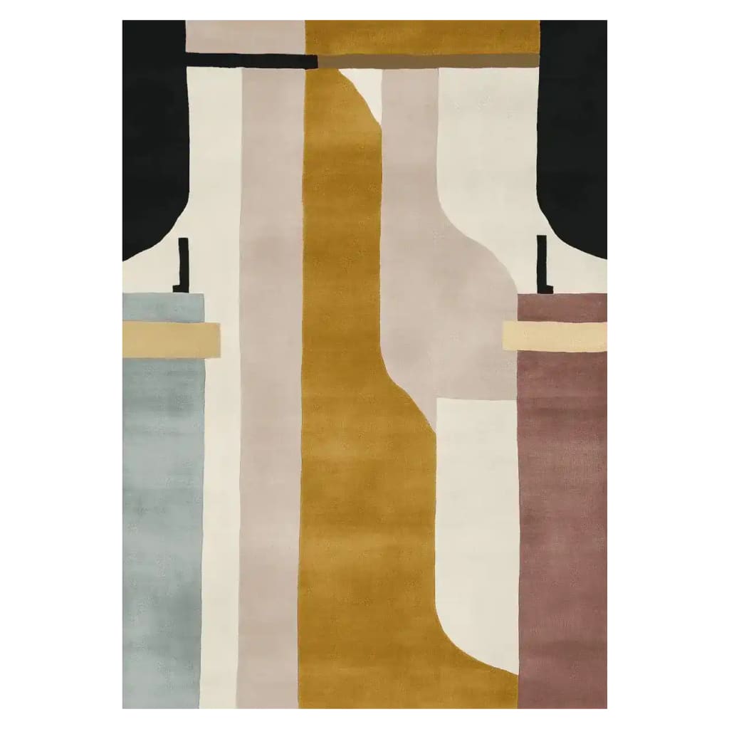 A contemporary hand tufted wool area rug featuring an abstract design with bold geometric shapes in shades of mustard, black, beige, and blue. Perfect for adding a modern touch to any living room, this rug is ideal for spaces looking for an 8x10 size.