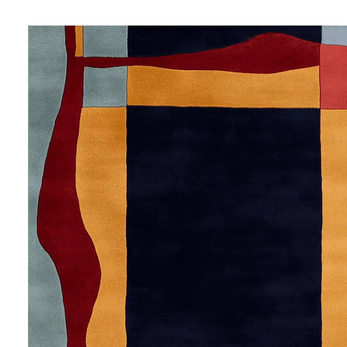 This vibrant area rug showcases a modern abstract design, perfect for adding a contemporary touch to large living rooms. The hand-tufted wool rug features bold colors including red, orange, and dark blue, making it an ideal choice for those seeking stylish living room rugs in an 8x10 size.