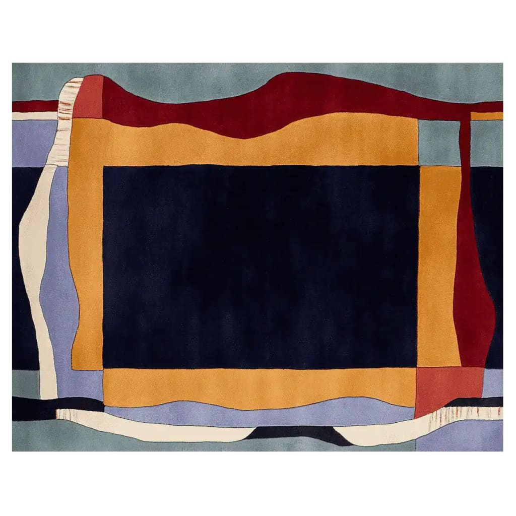 This vibrant area rug features a modern abstract design with bold colors, perfect for large living rooms. The hand-tufted wool rug showcases a contemporary style with rich hues of red, orange, and blue, ideal for adding warmth and style to living room rugs 8x10 spaces.