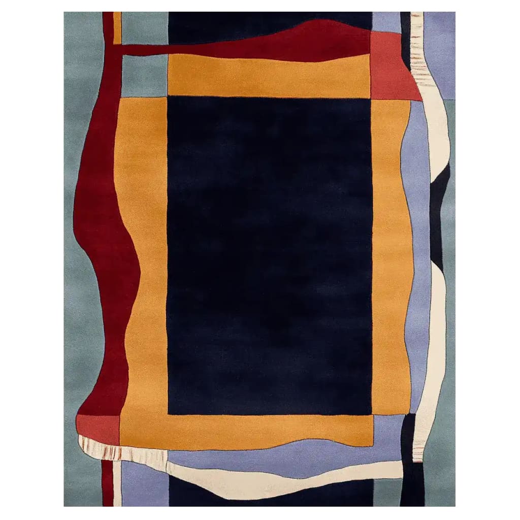 This vibrant Area Rug features a contemporary design with bold, abstract shapes in rich colors like navy, mustard, and burgundy. Perfect for large living rooms, this hand-tufted wool rug measures 8x10 and adds a touch of modern elegance to any space.