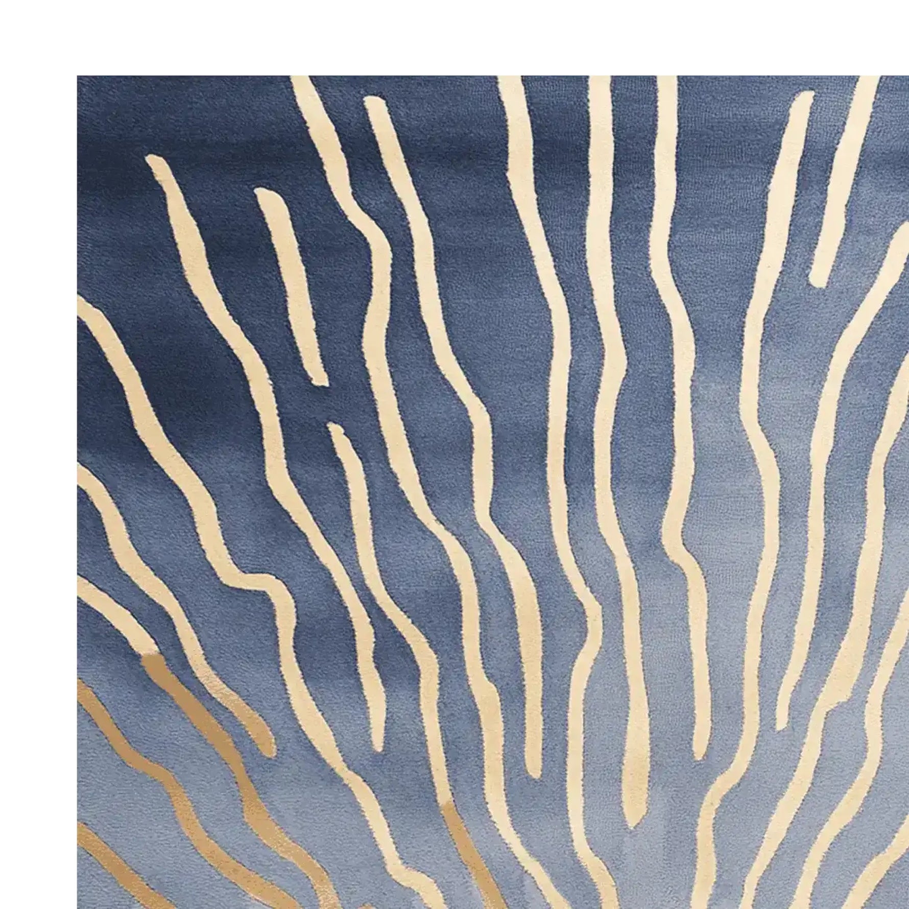A contemporary area rug featuring an abstract design with flowing cream lines against a rich blue background, perfect for adding elegance to living rooms. This hand tufted wool rug brings a subtle flow and harmony, enhancing any modern decor.