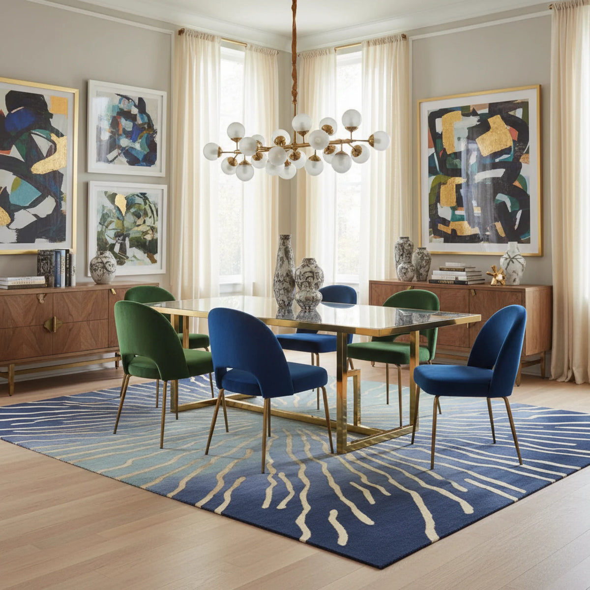 Dining room with a table and chairs on a blue rug, abstract art on the walls, and a chandelier.