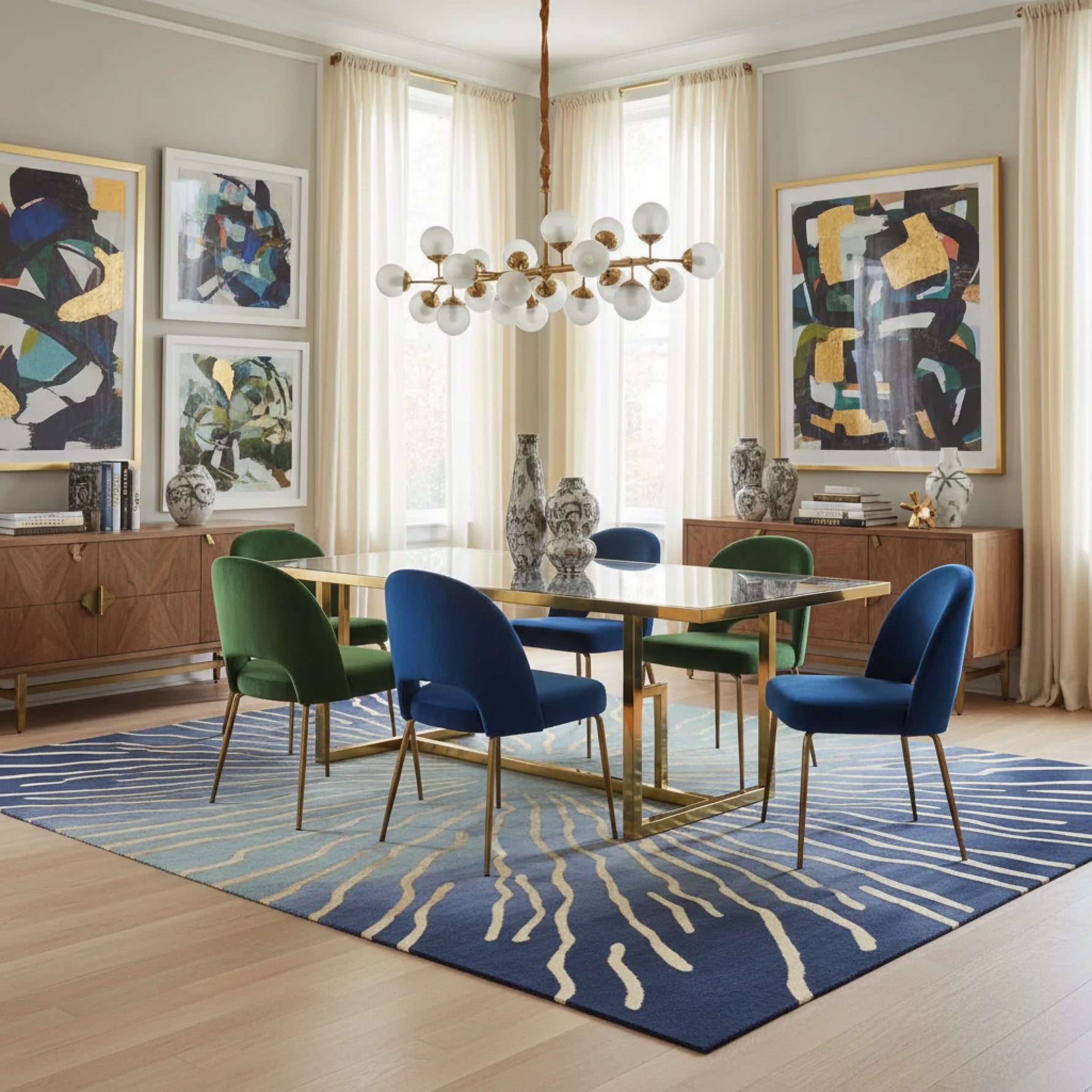 Dining room with a table and chairs on a blue rug, abstract art on the walls, and a chandelier.
