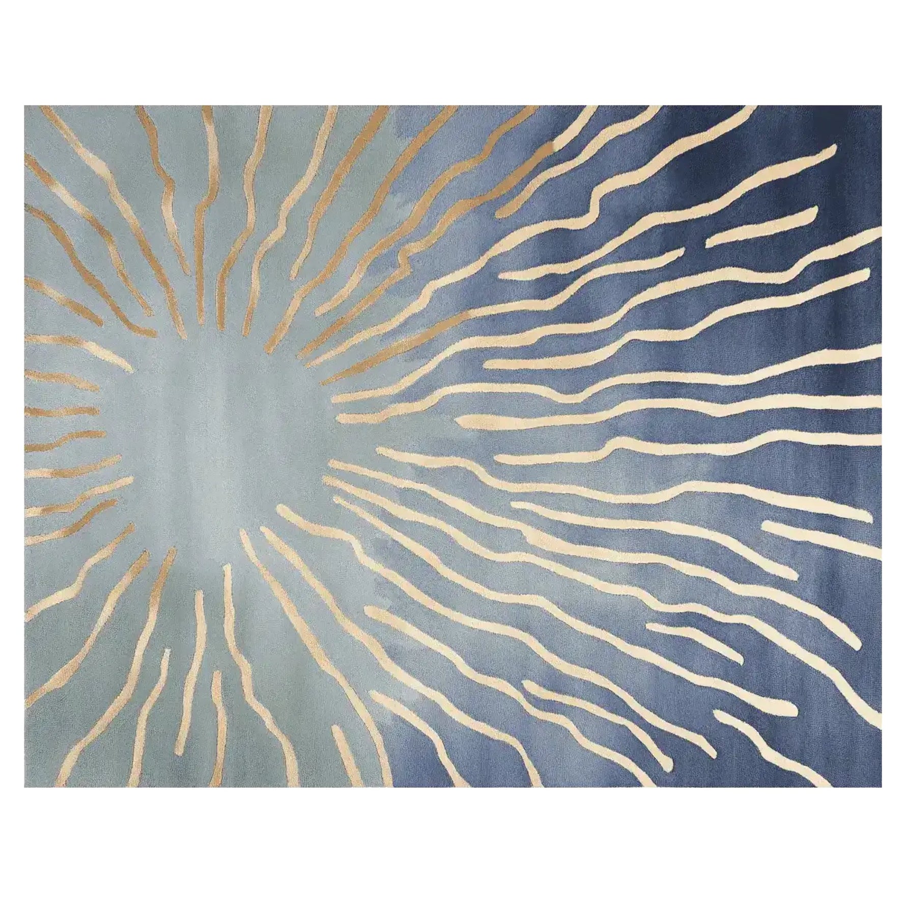A contemporary area rug featuring an abstract design with wavy lines radiating from the center, blending soft blue and beige tones. Perfect for adding a touch of elegance to any living room, this hand-tufted wool rug combines style and comfort.