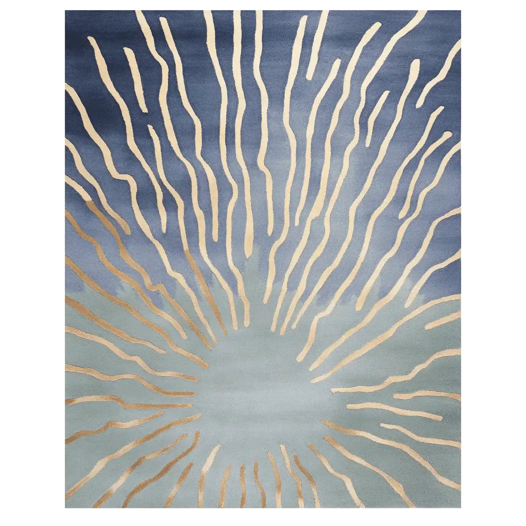 The Subtle Flow Harmony Hand Tufted Rug is a captivating area rug perfect for modern living rooms. This contemporary wool rug features an abstract pattern of cream-colored lines radiating outward on a gradient blue background, adding a touch of elegance and warmth to your space.
