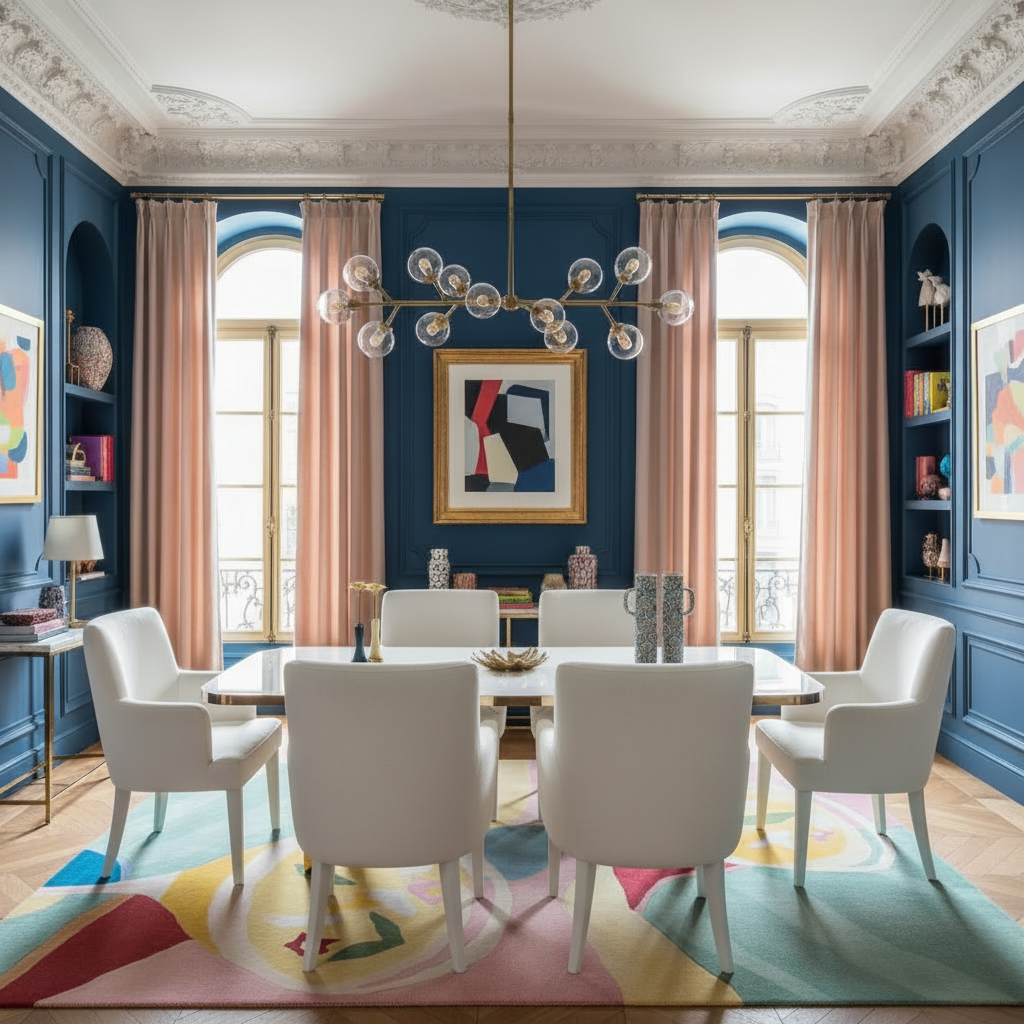 Dining room with blue walls, white chairs, and a colorful rug.