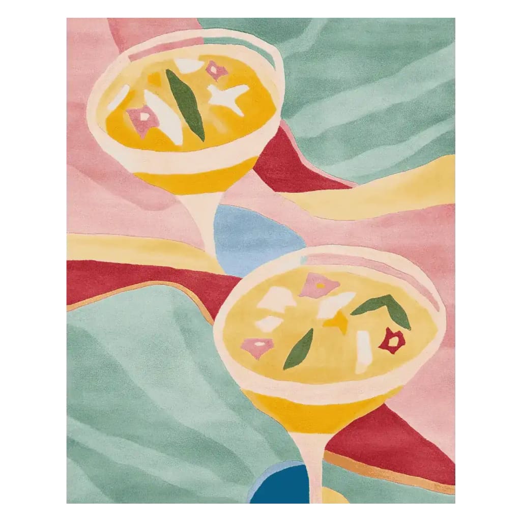 Vibrant Summer Cheers Hand Tufted Area Rug featuring colorful abstract cocktails, perfect for adding a contemporary touch to large living room spaces. This wool rug combines shades of pink, yellow, and green to create a lively and inviting atmosphere, ideal for those seeking unique living room area rugs.