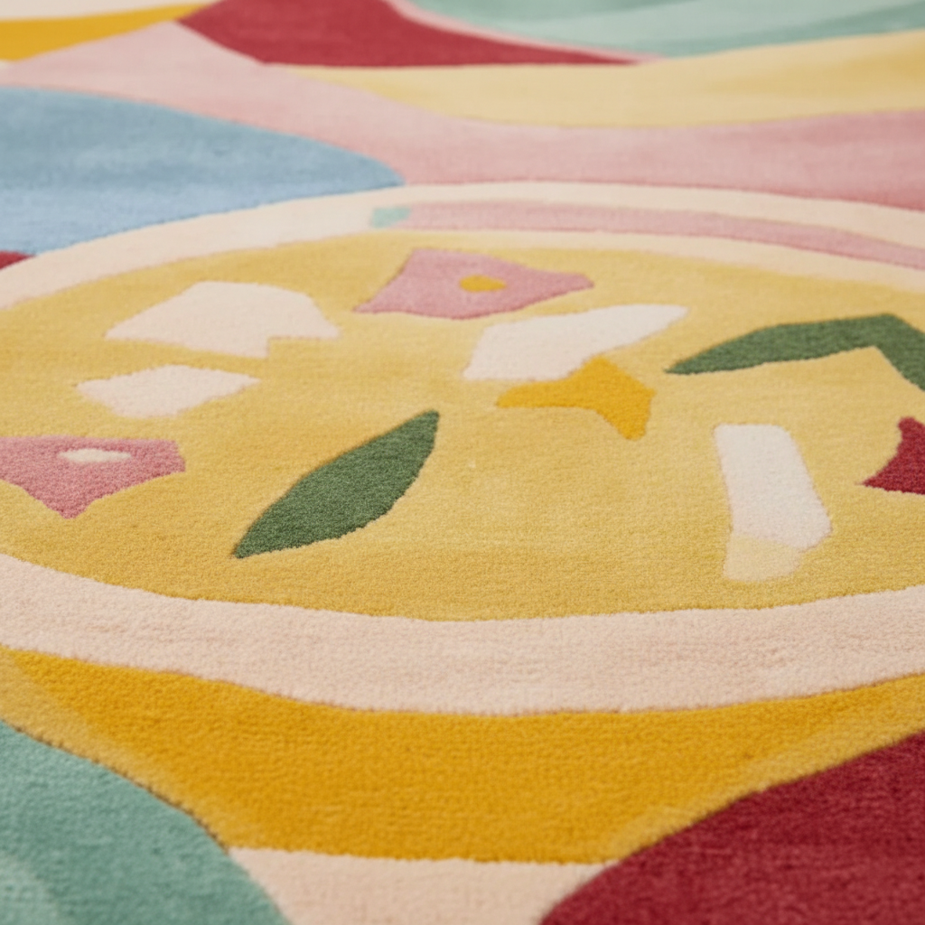 Close-up of a colorful geometric-patterned rug with vibrant colors.