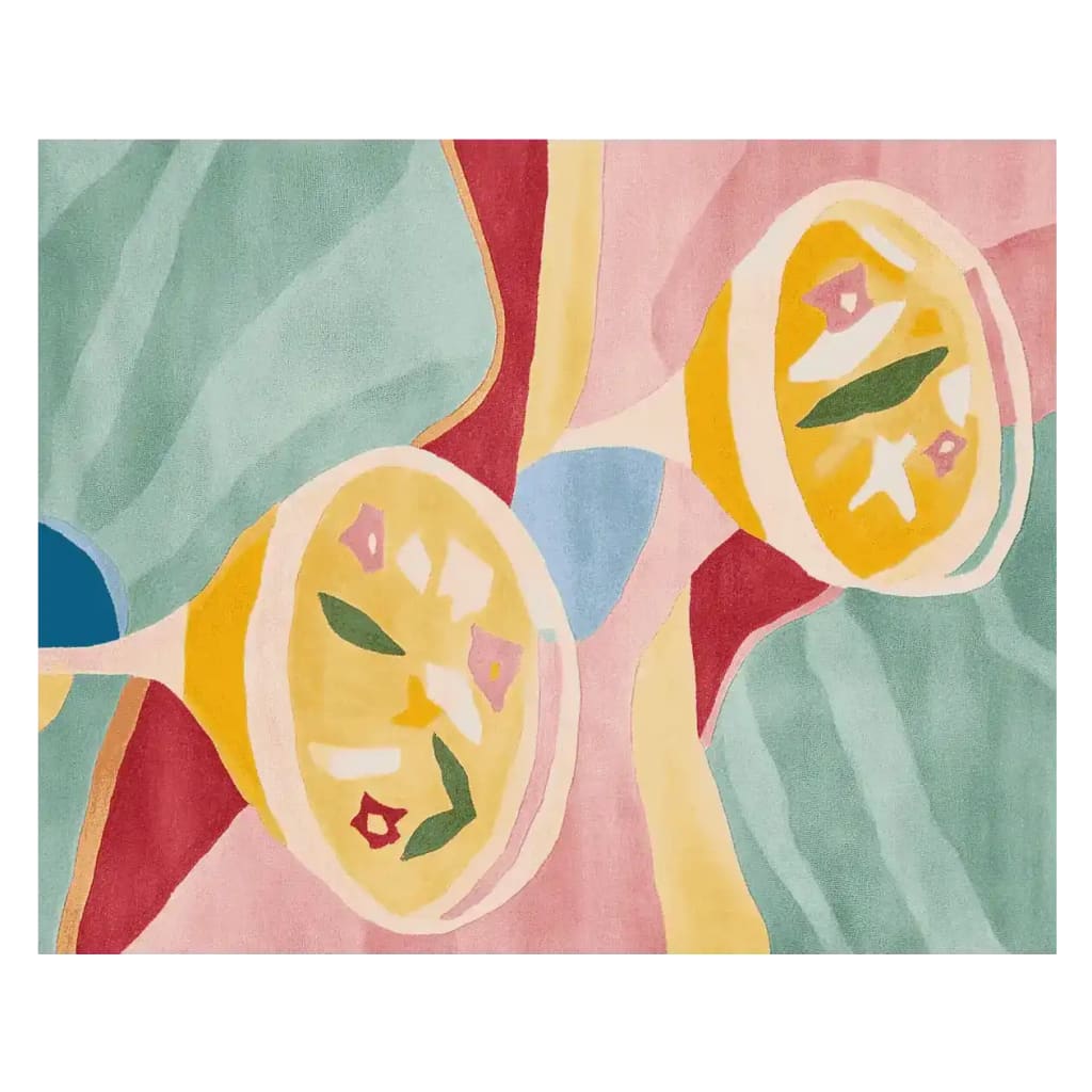 Vibrant and contemporary area rug with an abstract design featuring colorful shapes and patterns. Perfect for adding a pop of color to large living rooms, this wool rug offers a unique and artistic touch to any space.