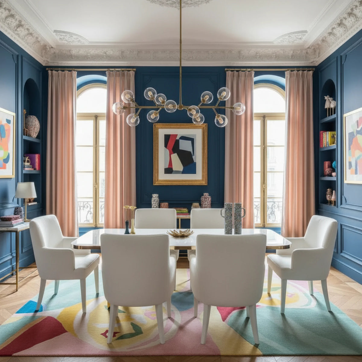 Dining room with blue walls, white chairs, and a colorful rug.