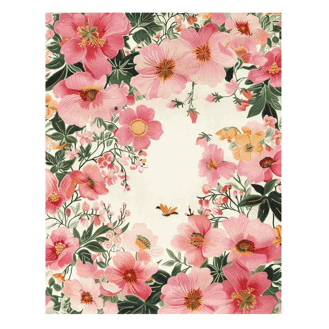 Floral pattern with pink flowers and green leaves on a white background hand tufted wool rug
