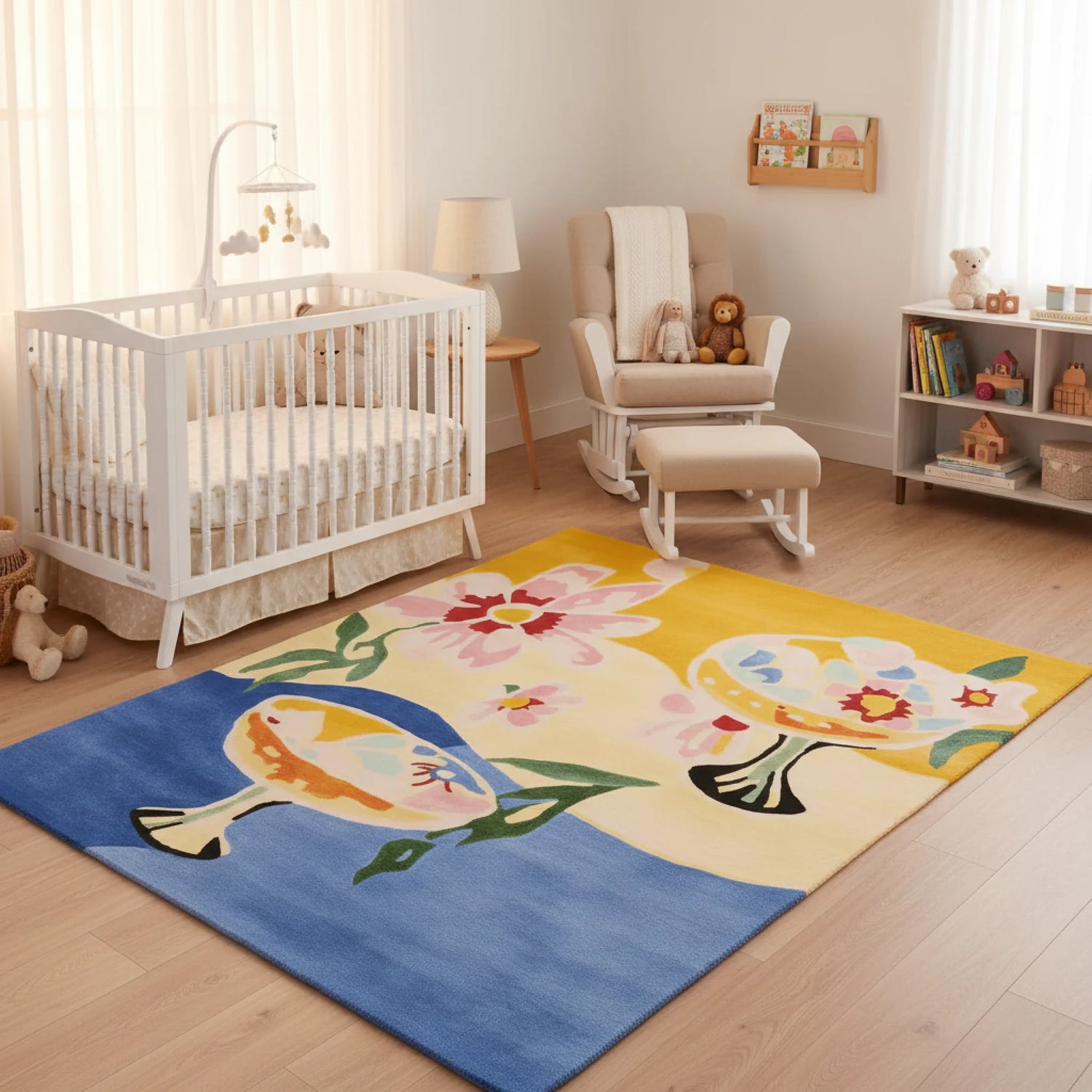 Nursery room with a crib, rocking chair, and colorful rug featuring birds and flowers.