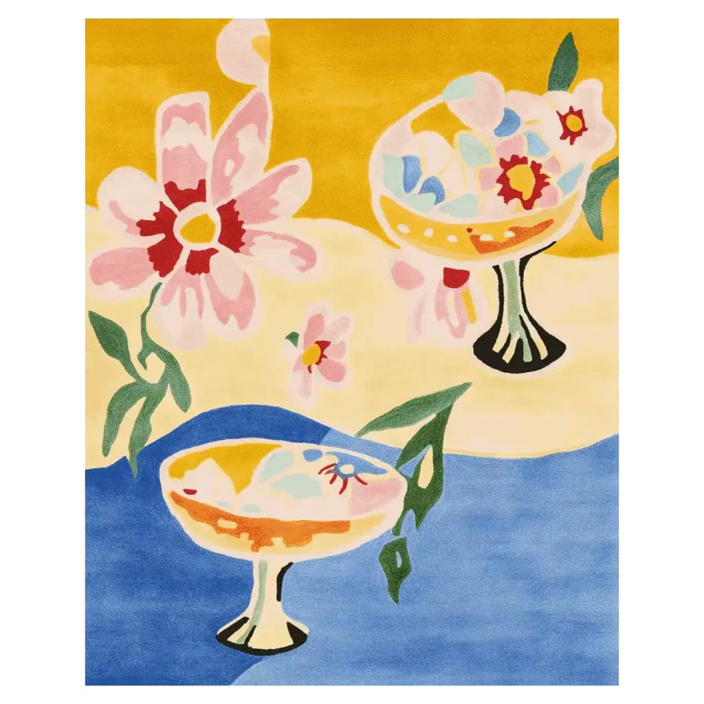 A vibrant hand-tufted wool rug featuring a colorful abstract design with flowers and cocktail motifs, perfect for adding a contemporary touch to any living room. This area rug is ideal for those seeking stylish and unique rugs for living room spaces.