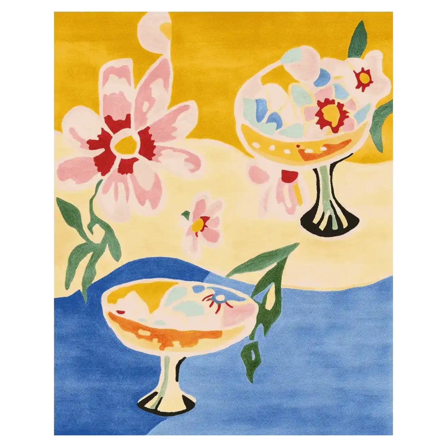 A vibrant hand-tufted wool rug featuring a colorful abstract design with flowers and cocktail motifs, perfect for adding a contemporary touch to any living room. This area rug is ideal for those seeking stylish and unique rugs for living room spaces.