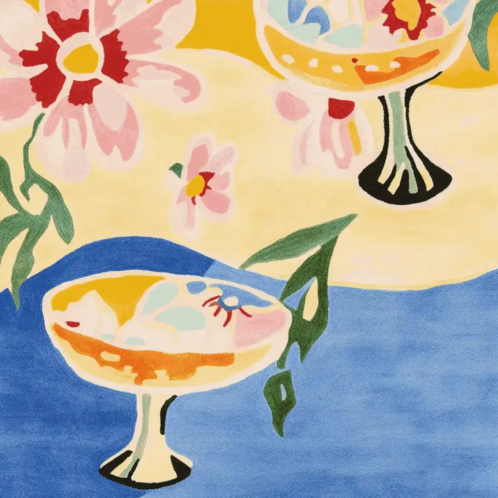 Vibrant and contemporary wool area rug featuring a playful design of colorful flowers and abstract cocktail glasses, perfect for adding a touch of summer flair to your living room. This hand tufted rug is an ideal choice for those seeking unique area rugs for living room spaces.