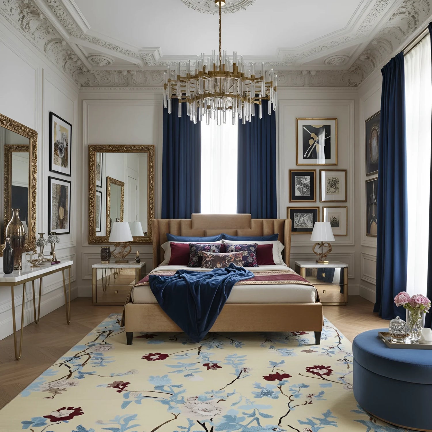 Luxurious bedroom with a large bed, floral rug, and decorative mirrors.