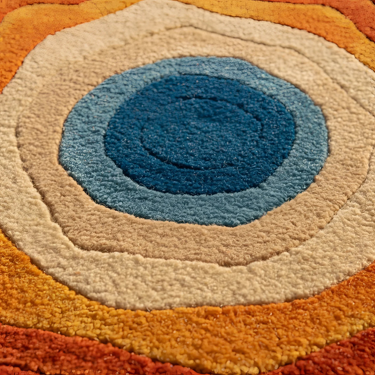 Close-up of a circular rug with concentric color rings.