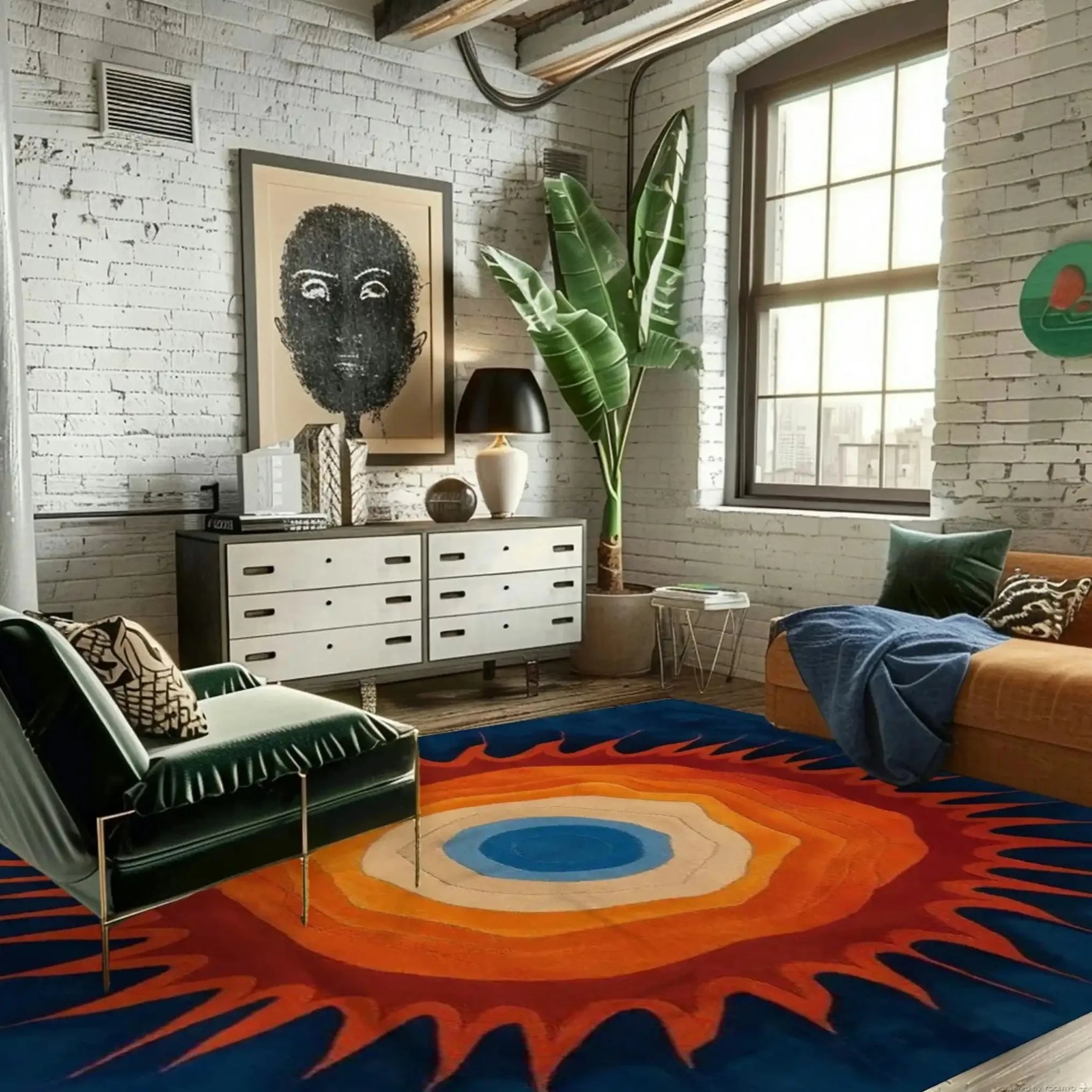 Vivid sunburst rug in an industrial brick loft with green velvet chair and tall houseplant