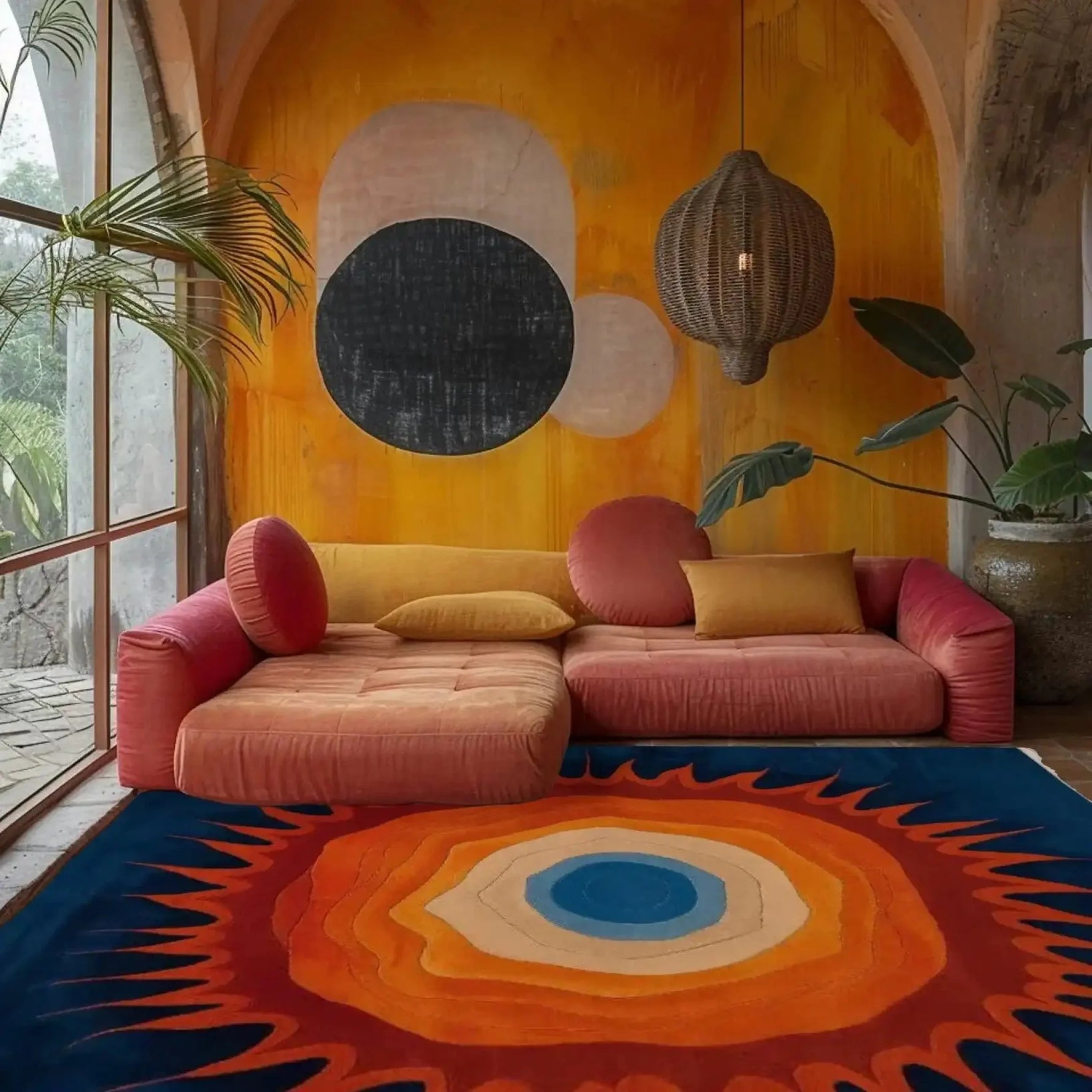 Orange sunburst rug grounding a boho room with terracotta sofa and warm-toned wall art