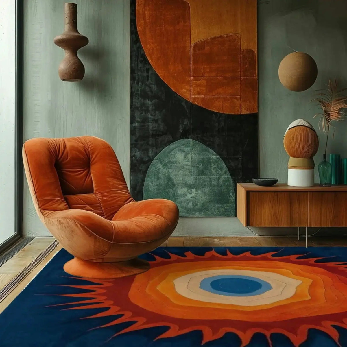 Blue and orange sunburst rug beneath a rust velvet lounge chair in a moody mid-century room