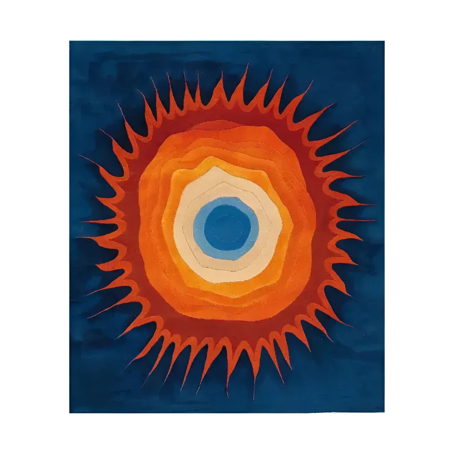 Square wool rug with a fiery orange sunburst and concentric center on a deep blue ground