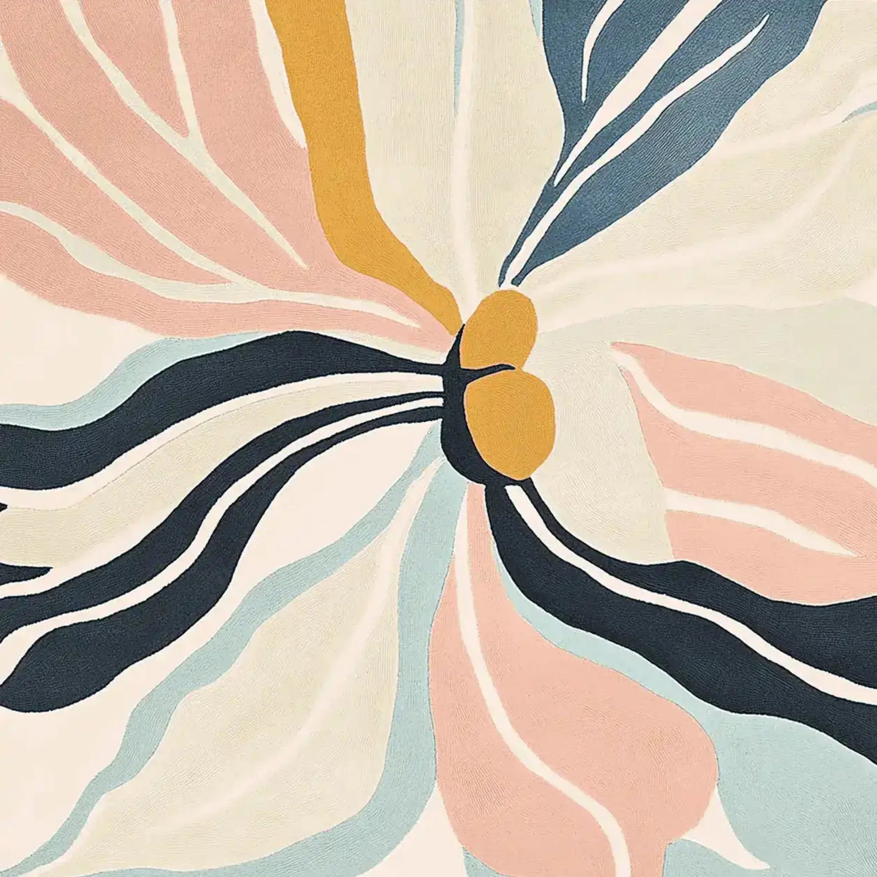 A vibrant Sunkissed Blossom Dream Hand Tufted Area Rug featuring an abstract floral design with flowing petals in shades of pink, blue, and mustard. Perfect for adding a contemporary flair to living rooms, this wool rug is ideal as an 8x10 centerpiece among area rugs for living rooms.