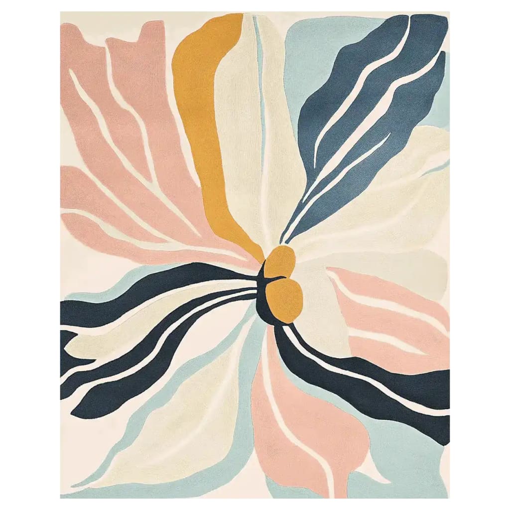 Sunkissed Blossom Dream Hand Tufted Rug featuring an abstract floral design with vibrant colors. This contemporary area rug, perfect for living rooms, showcases a blend of pink, blue, and mustard hues, adding a modern touch to any space. Ideal as an 8x10 wool rug, it combines both style and comfort, making it a standout piece among area rugs for living room settings.