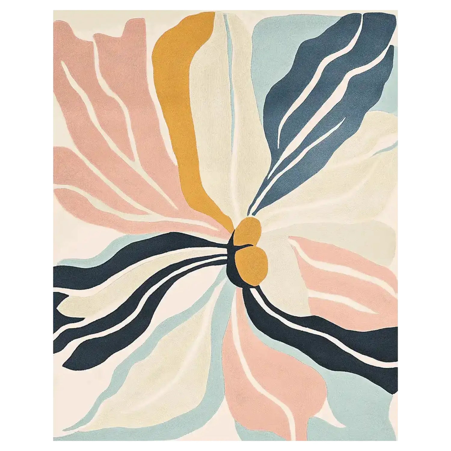 Sunkissed Blossom Dream Hand Tufted Rug featuring an abstract floral design with vibrant colors. This contemporary area rug, perfect for living rooms, showcases a blend of pink, blue, and mustard hues, adding a modern touch to any space. Ideal as an 8x10 wool rug, it combines both style and comfort, making it a standout piece among area rugs for living room settings.