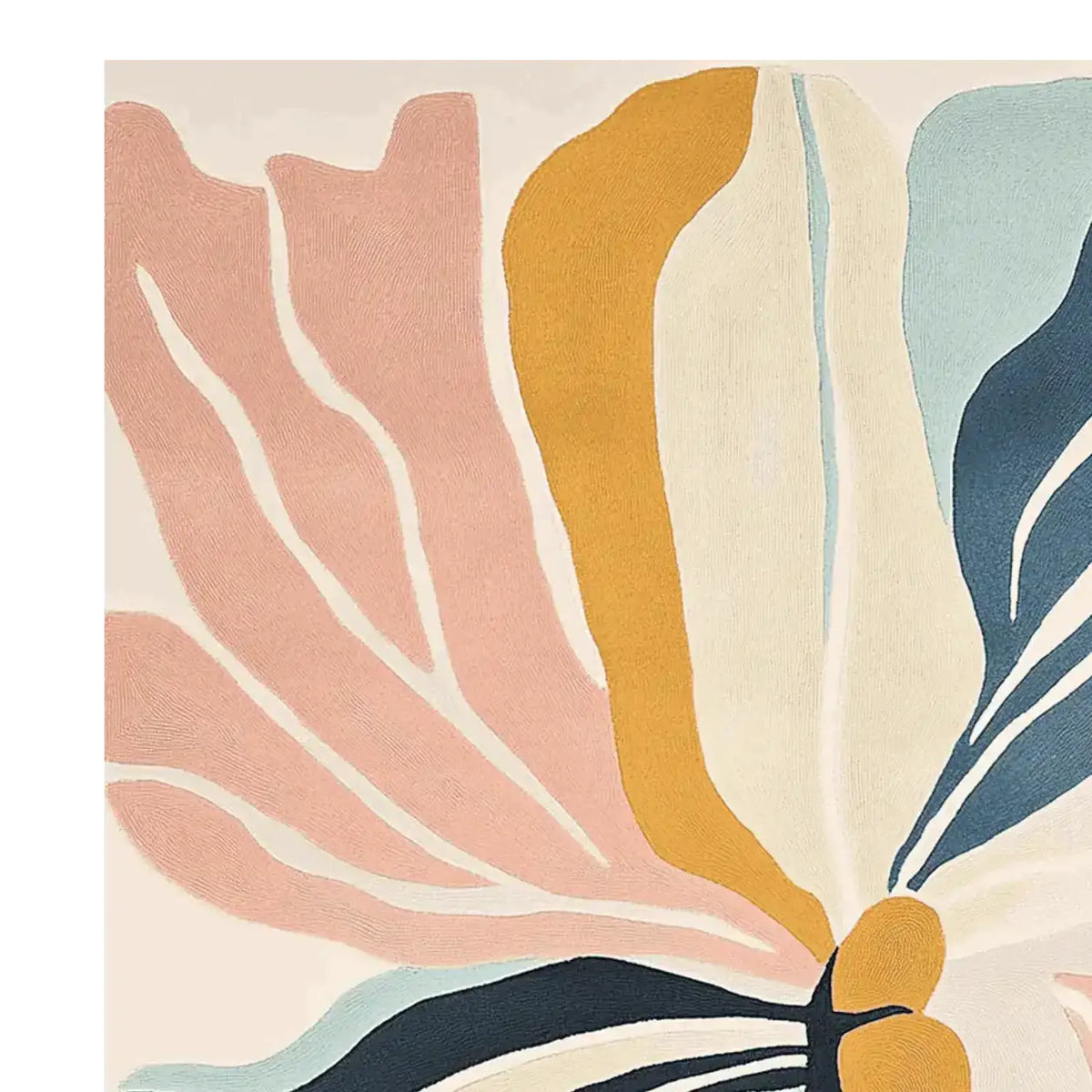 A vibrant Sunkissed Blossom Dream Hand Tufted Area Rug featuring an abstract floral design with a mix of pink, mustard, and blue hues. This contemporary wool rug is perfect for adding a splash of color to your living space, ideal for area rugs for living room or living room rugs 8x10. Its artistic pattern brings a modern touch to any decor.