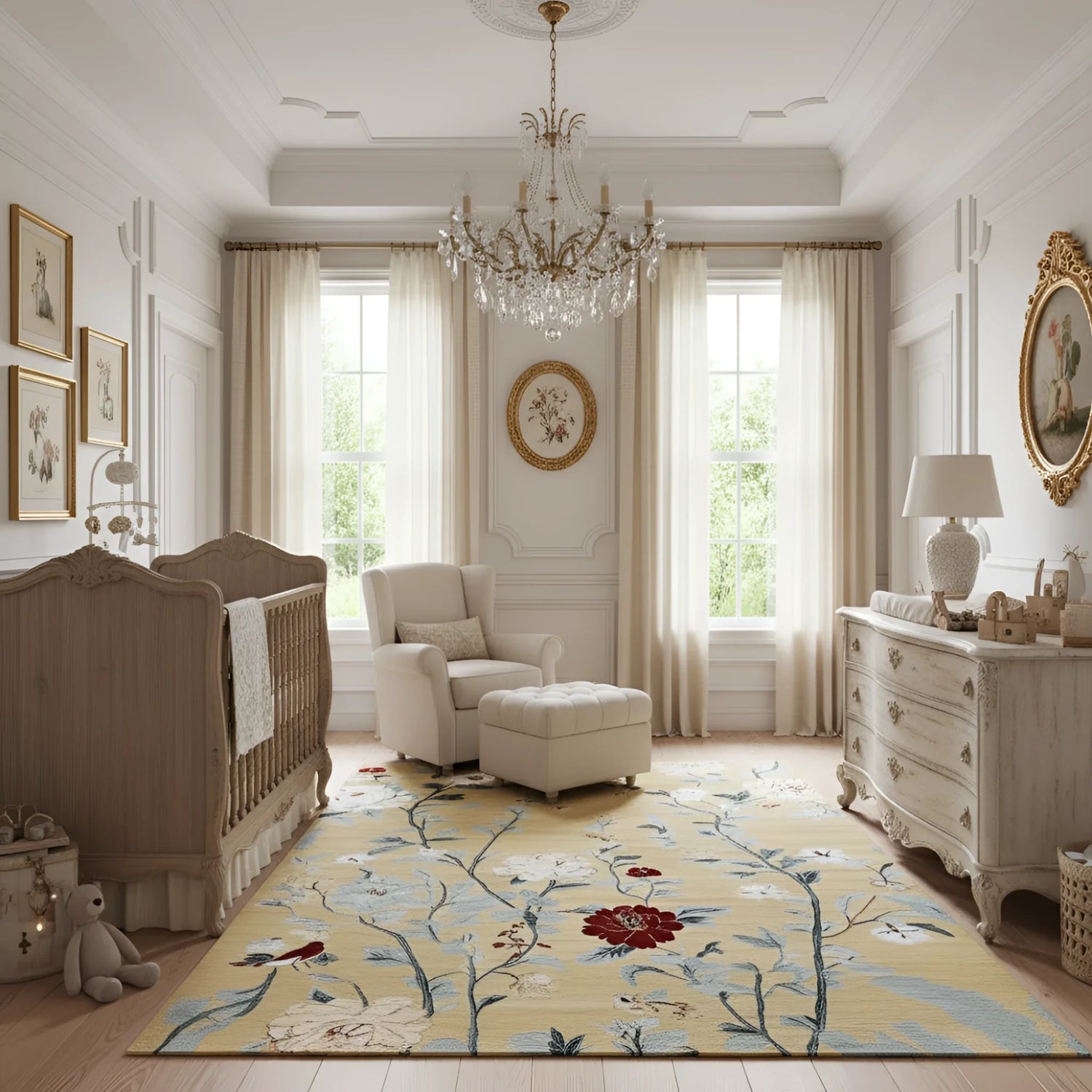 Nursery room with wooden crib, floral rug, and decorative elements.
