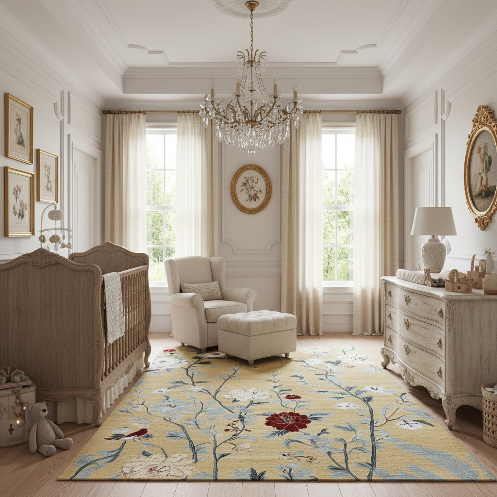 Nursery room with wooden crib, floral rug, and decorative elements.