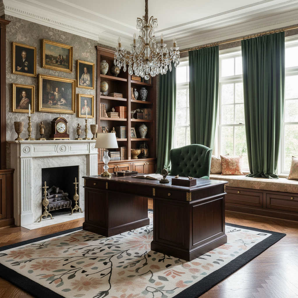 Grand office with dark wooden desk, bookshelf, and fireplace in a room with large windows and green curtains.