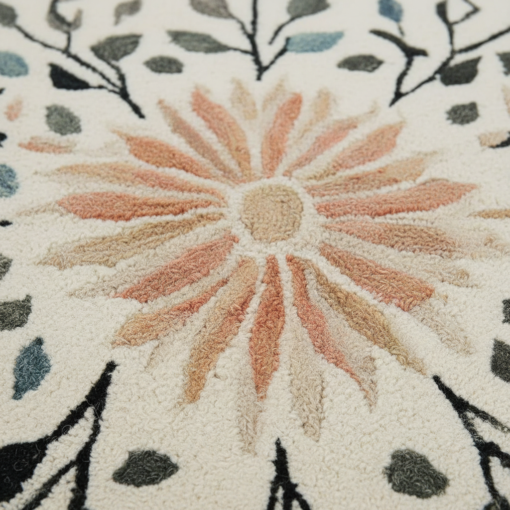 Close-up of a textured floral design with a central flower and leaf patterns.