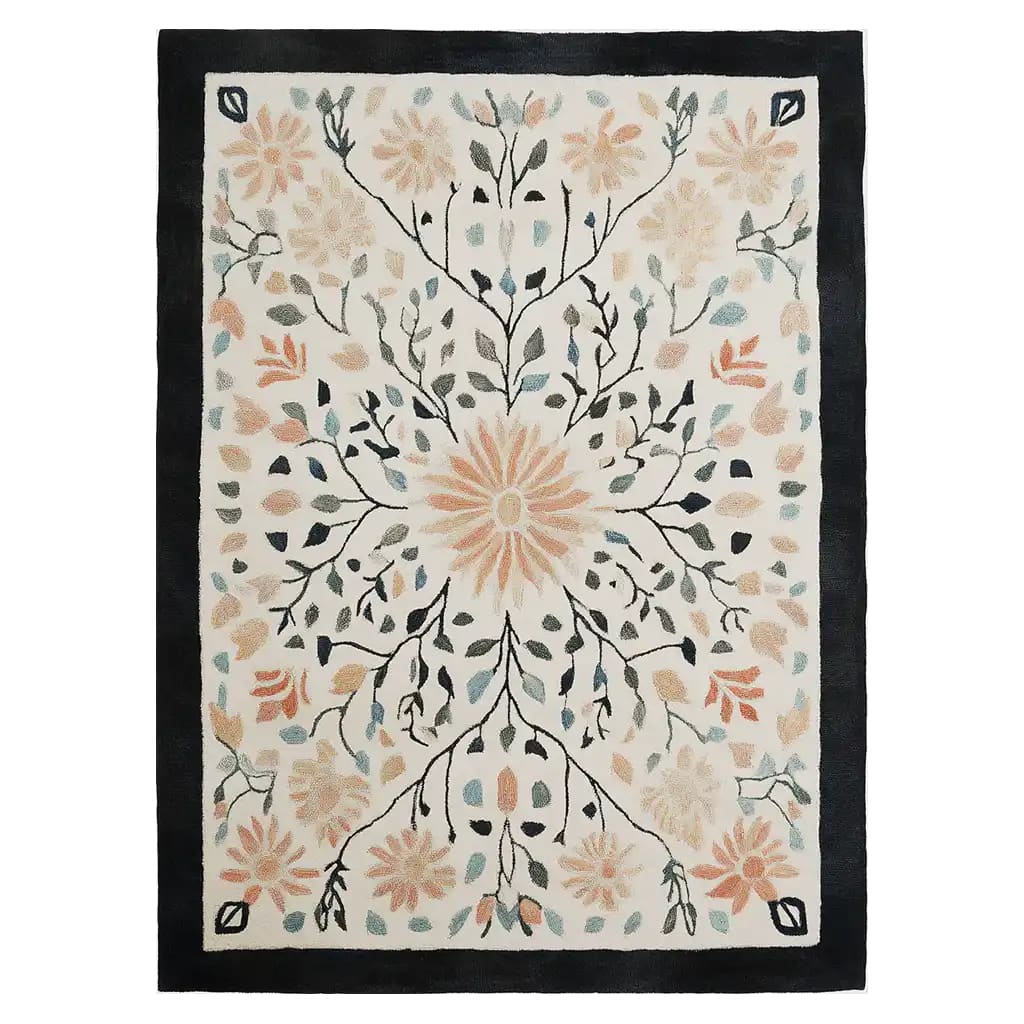 Sunlit Garden Hand Tufted Wool Rug featuring a beautiful floral design. This elegant area rug showcases a central sunburst pattern with delicate branches and leaves in soft pastel shades, framed by a bold black border. Ideal for adding a touch of nature-inspired charm to living room area rugs collections.